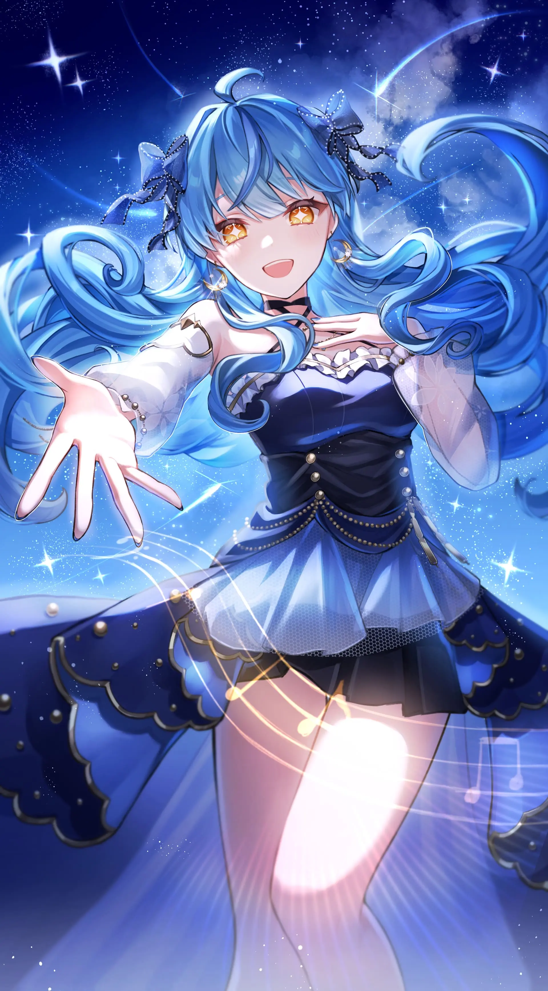 深蓝色礼服的白发少女抬起手