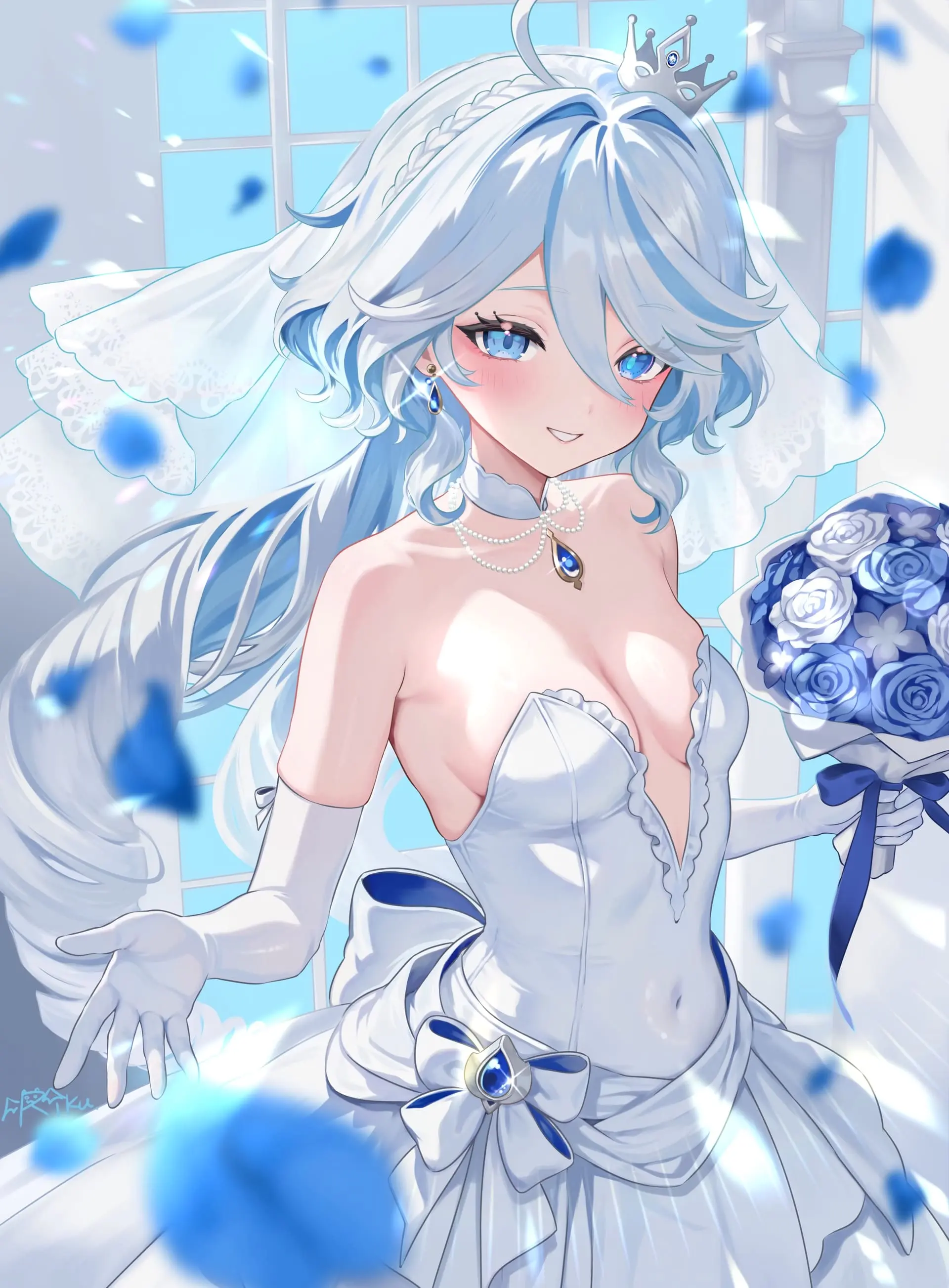 白色礼服的白发少女身旁点缀着蓝花