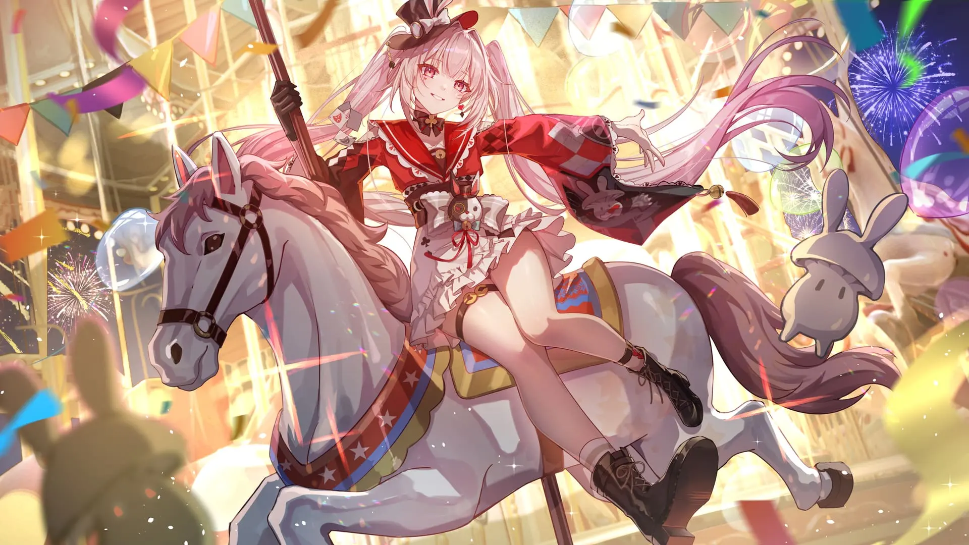 花丛中，红衣少女骑在马背上
