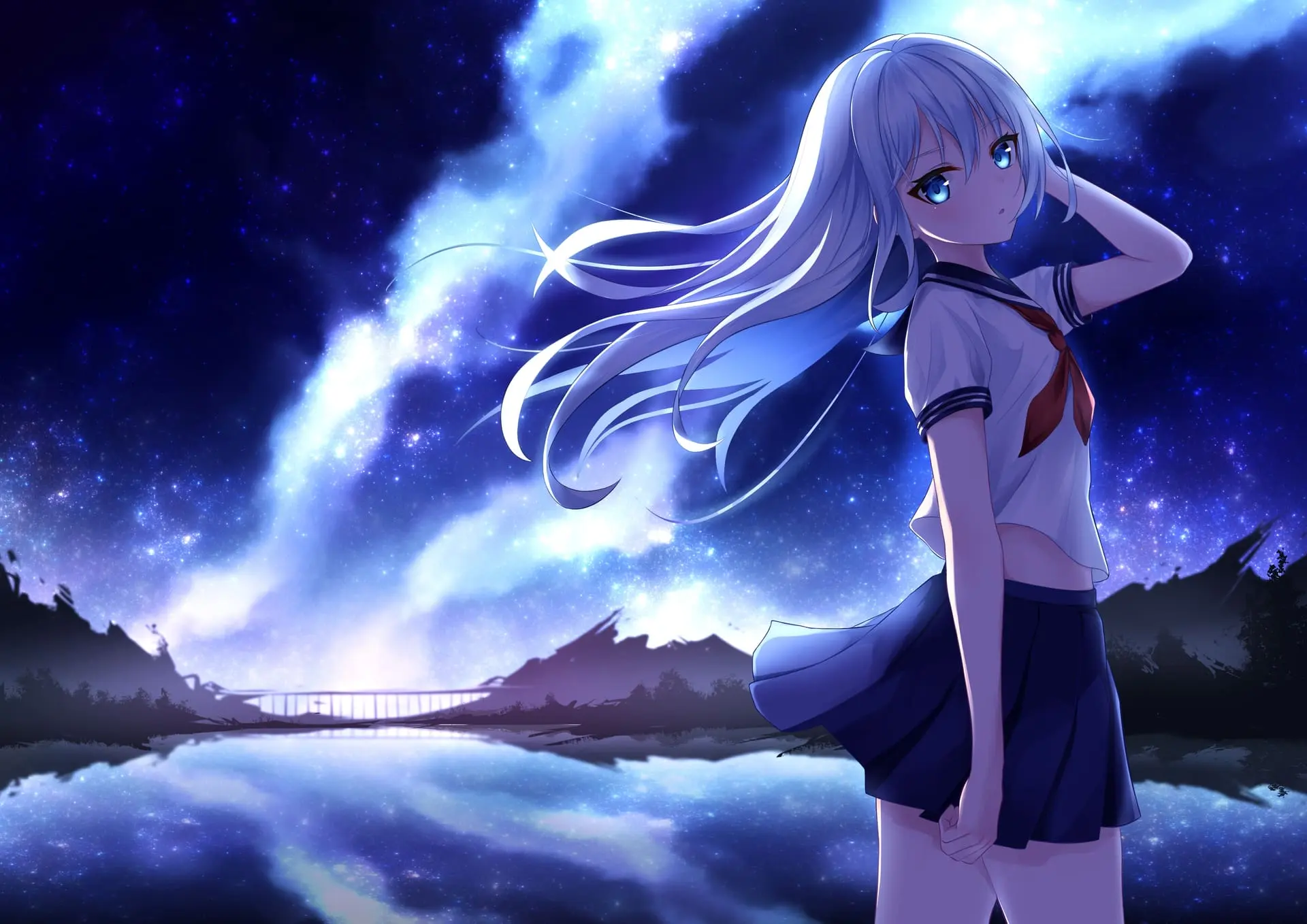星空倒映的湖面旁站着一位蓝发少女